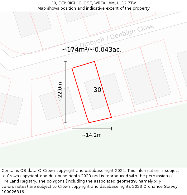 30, DENBIGH CLOSE, WREXHAM, LL12 7TW: Plot and title map