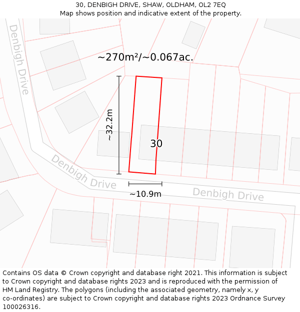 30, DENBIGH DRIVE, SHAW, OLDHAM, OL2 7EQ: Plot and title map