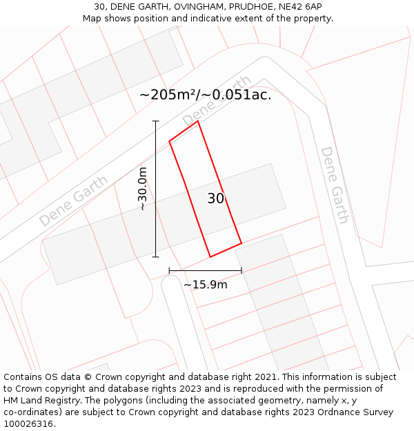 30, DENE GARTH, OVINGHAM, PRUDHOE, NE42 6AP: Plot and title map