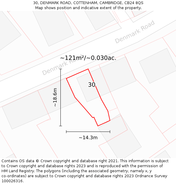 30, DENMARK ROAD, COTTENHAM, CAMBRIDGE, CB24 8QS: Plot and title map