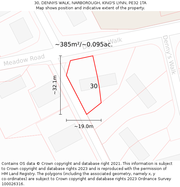 30, DENNYS WALK, NARBOROUGH, KING'S LYNN, PE32 1TA: Plot and title map