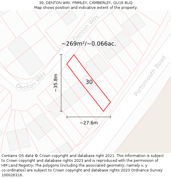 30, DENTON WAY, FRIMLEY, CAMBERLEY, GU16 8UQ: Plot and title map