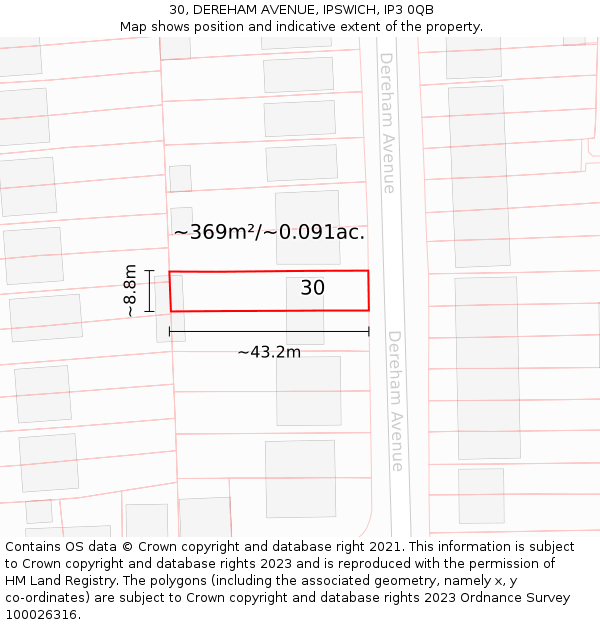 30, DEREHAM AVENUE, IPSWICH, IP3 0QB: Plot and title map