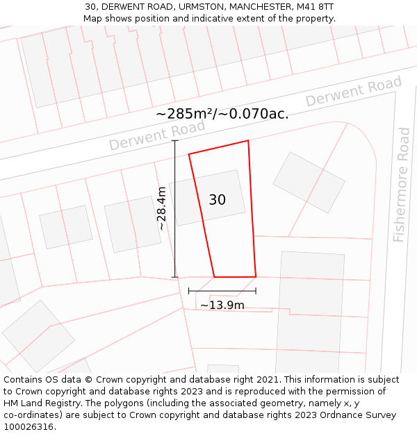 30, DERWENT ROAD, URMSTON, MANCHESTER, M41 8TT: Plot and title map
