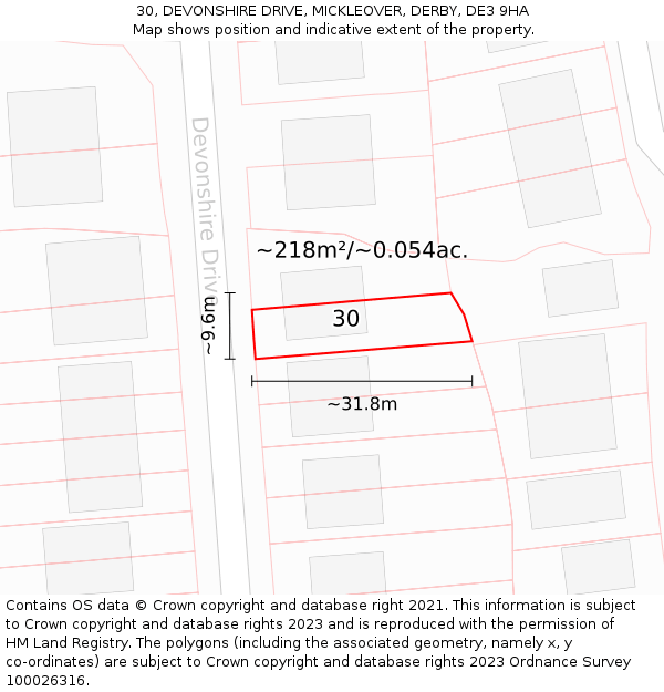 30, DEVONSHIRE DRIVE, MICKLEOVER, DERBY, DE3 9HA: Plot and title map