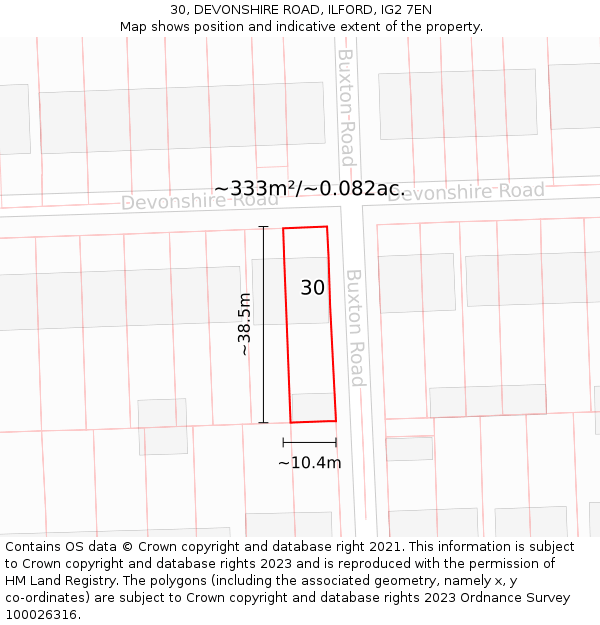 30, DEVONSHIRE ROAD, ILFORD, IG2 7EN: Plot and title map