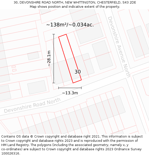 30, DEVONSHIRE ROAD NORTH, NEW WHITTINGTON, CHESTERFIELD, S43 2DE: Plot and title map
