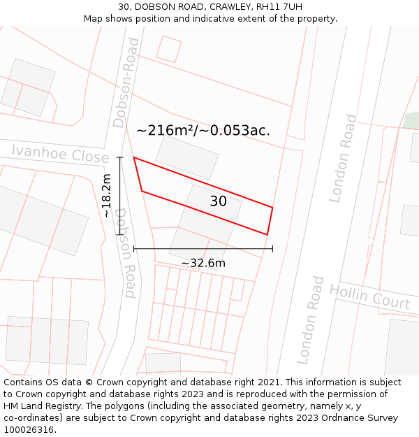 30, DOBSON ROAD, CRAWLEY, RH11 7UH: Plot and title map