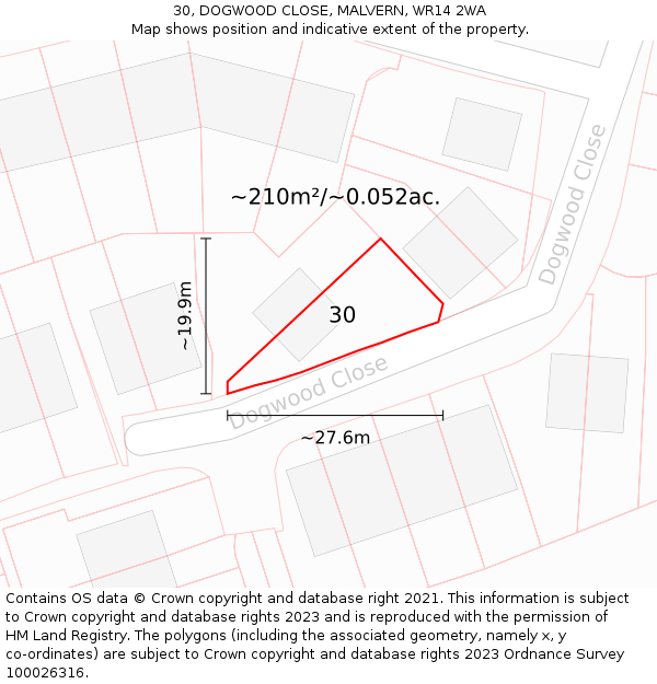 30, DOGWOOD CLOSE, MALVERN, WR14 2WA: Plot and title map
