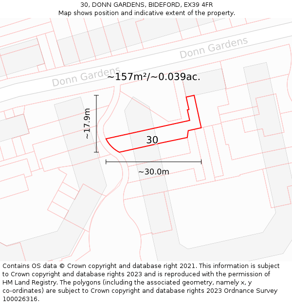 30, DONN GARDENS, BIDEFORD, EX39 4FR: Plot and title map