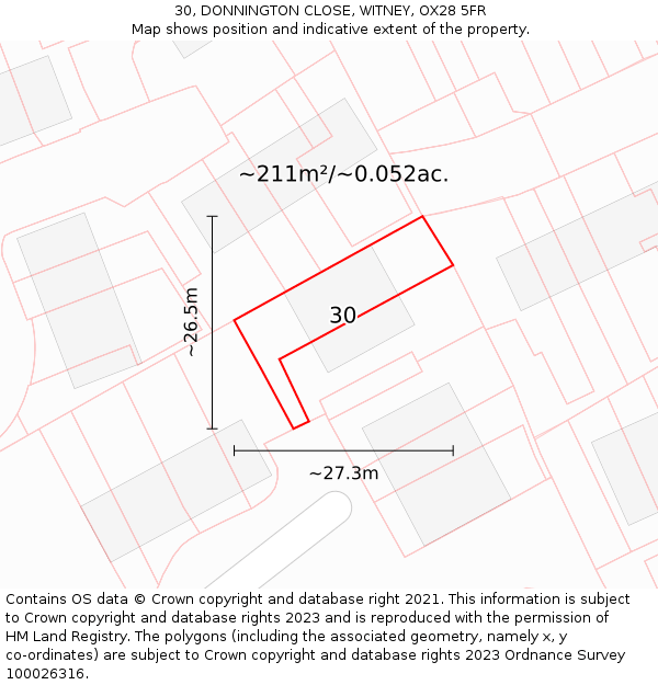 30, DONNINGTON CLOSE, WITNEY, OX28 5FR: Plot and title map