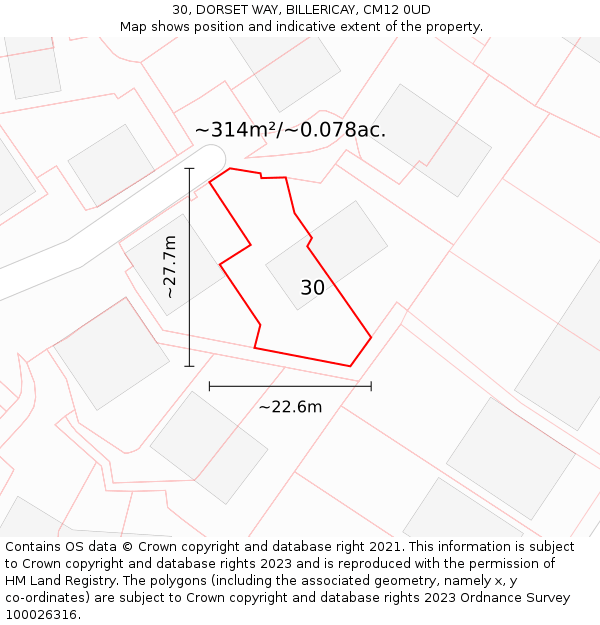 30, DORSET WAY, BILLERICAY, CM12 0UD: Plot and title map