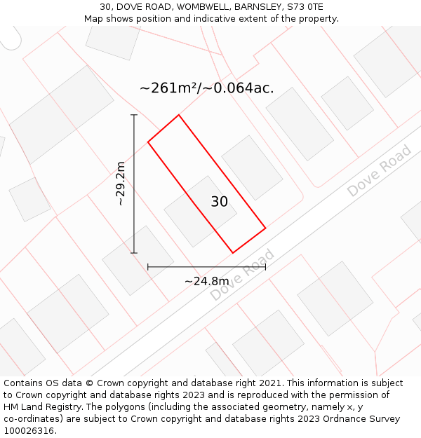 30, DOVE ROAD, WOMBWELL, BARNSLEY, S73 0TE: Plot and title map