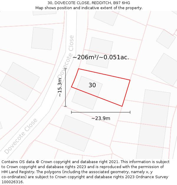 30, DOVECOTE CLOSE, REDDITCH, B97 6HG: Plot and title map