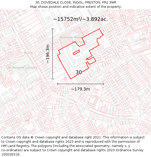 30, DOVEDALE CLOSE, INGOL, PRESTON, PR2 3WR: Plot and title map