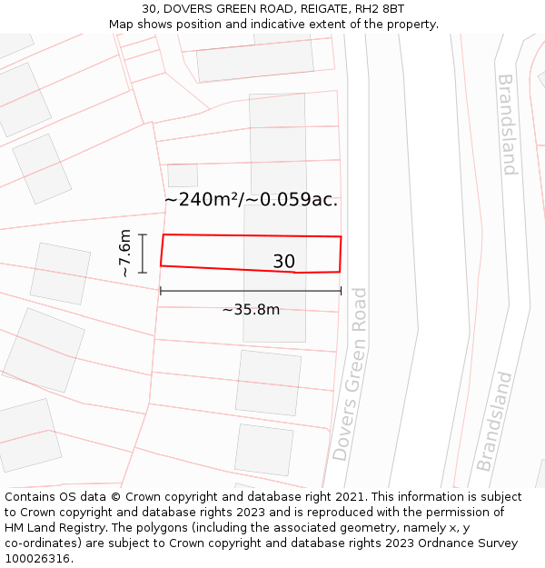 30, DOVERS GREEN ROAD, REIGATE, RH2 8BT: Plot and title map