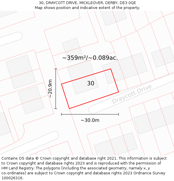 30, DRAYCOTT DRIVE, MICKLEOVER, DERBY, DE3 0QE: Plot and title map