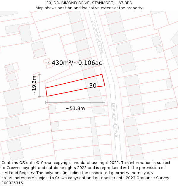 30, DRUMMOND DRIVE, STANMORE, HA7 3PD: Plot and title map