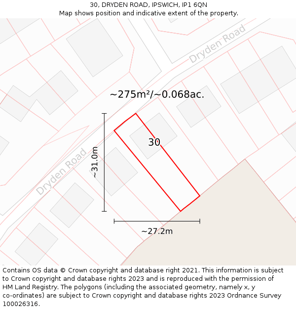 30, DRYDEN ROAD, IPSWICH, IP1 6QN: Plot and title map