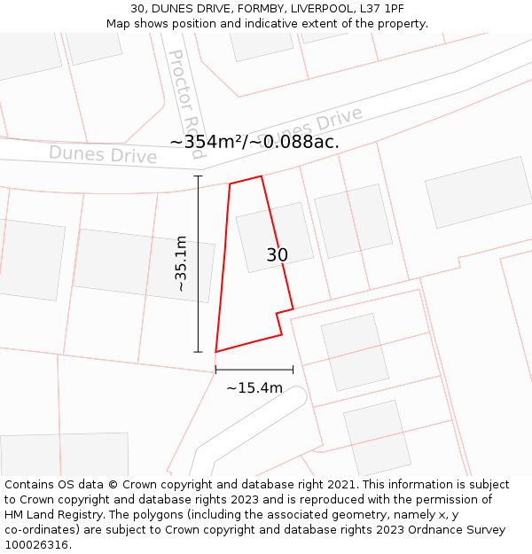 30, DUNES DRIVE, FORMBY, LIVERPOOL, L37 1PF: Plot and title map