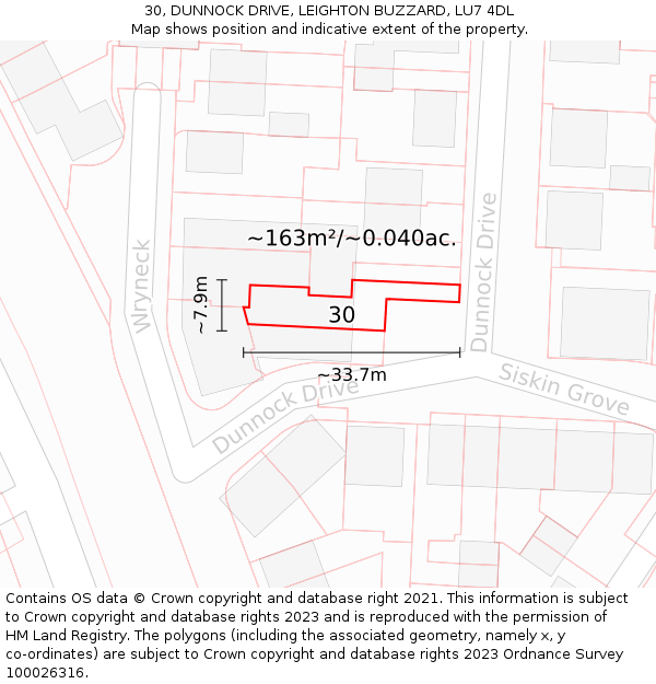 30, DUNNOCK DRIVE, LEIGHTON BUZZARD, LU7 4DL: Plot and title map