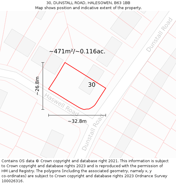 30, DUNSTALL ROAD, HALESOWEN, B63 1BB: Plot and title map