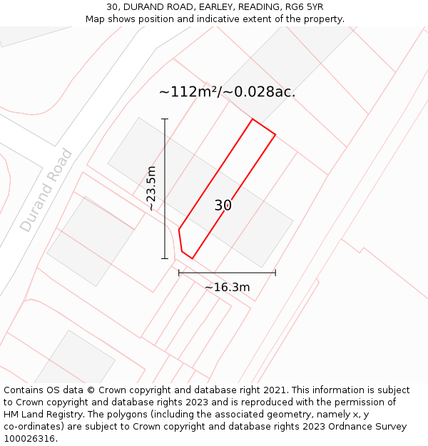 30, DURAND ROAD, EARLEY, READING, RG6 5YR: Plot and title map