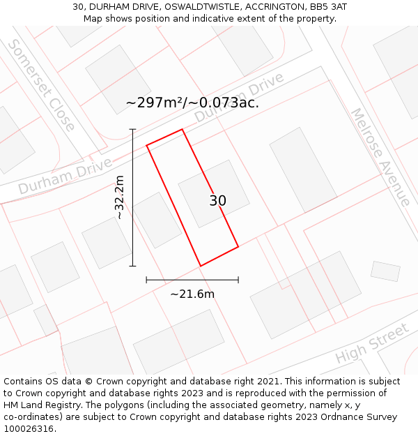 30, DURHAM DRIVE, OSWALDTWISTLE, ACCRINGTON, BB5 3AT: Plot and title map