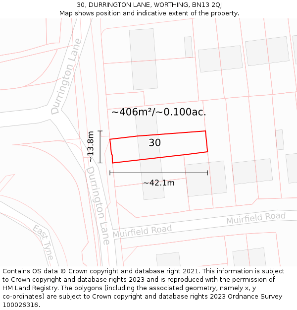 30, DURRINGTON LANE, WORTHING, BN13 2QJ: Plot and title map