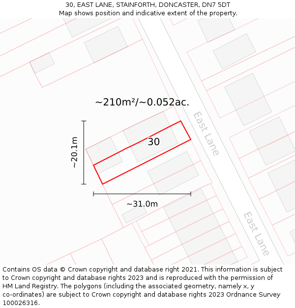 30, EAST LANE, STAINFORTH, DONCASTER, DN7 5DT: Plot and title map