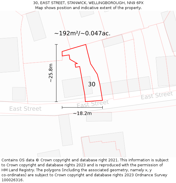 30, EAST STREET, STANWICK, WELLINGBOROUGH, NN9 6PX: Plot and title map