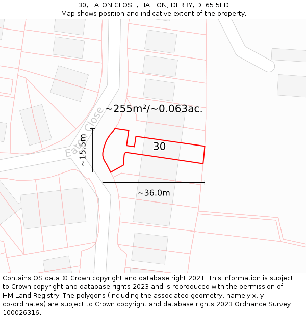 30, EATON CLOSE, HATTON, DERBY, DE65 5ED: Plot and title map