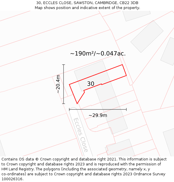 30, ECCLES CLOSE, SAWSTON, CAMBRIDGE, CB22 3DB: Plot and title map