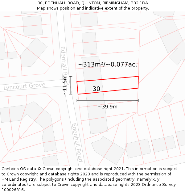 30, EDENHALL ROAD, QUINTON, BIRMINGHAM, B32 1DA: Plot and title map