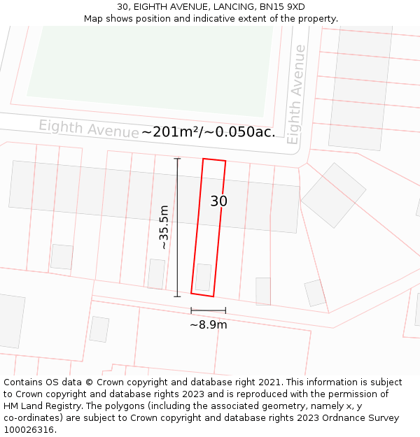 30, EIGHTH AVENUE, LANCING, BN15 9XD: Plot and title map
