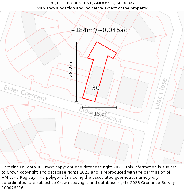 30, ELDER CRESCENT, ANDOVER, SP10 3XY: Plot and title map