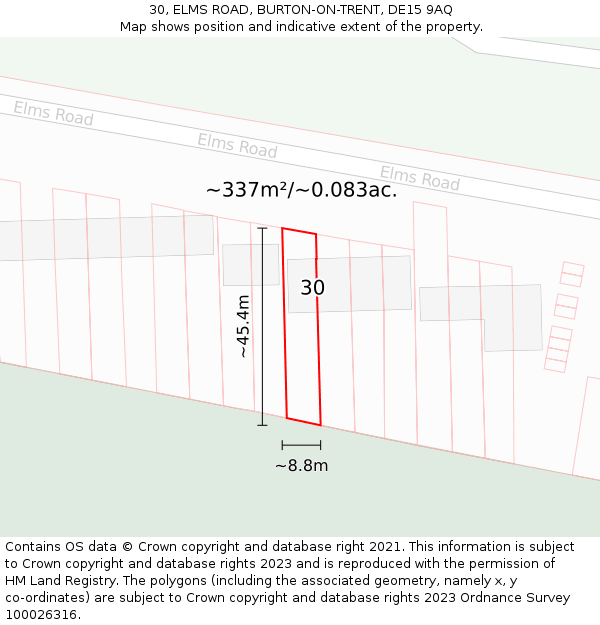 30, ELMS ROAD, BURTON-ON-TRENT, DE15 9AQ: Plot and title map