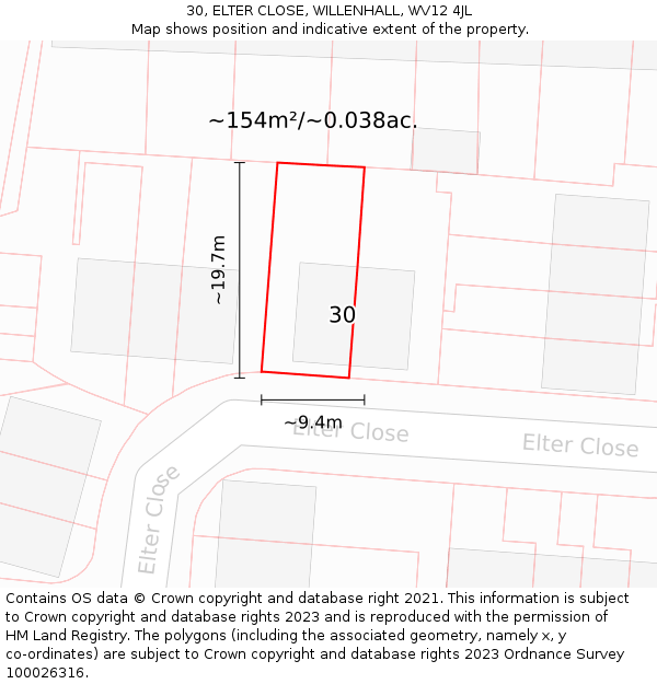 30, ELTER CLOSE, WILLENHALL, WV12 4JL: Plot and title map