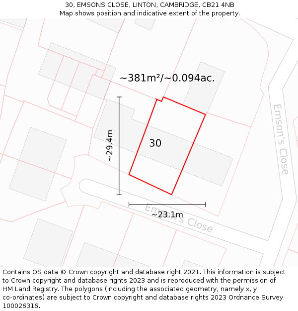 30, EMSONS CLOSE, LINTON, CAMBRIDGE, CB21 4NB: Plot and title map