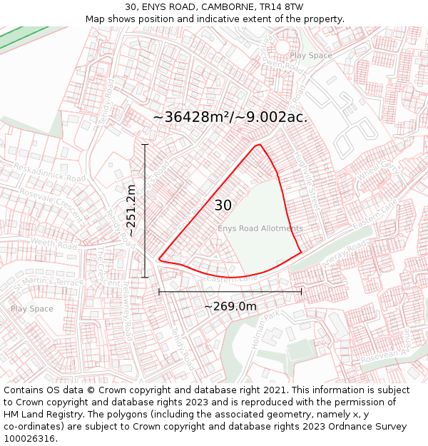 30, ENYS ROAD, CAMBORNE, TR14 8TW: Plot and title map