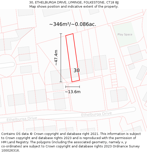30, ETHELBURGA DRIVE, LYMINGE, FOLKESTONE, CT18 8JJ: Plot and title map