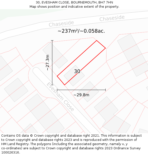 30, EVESHAM CLOSE, BOURNEMOUTH, BH7 7HN: Plot and title map