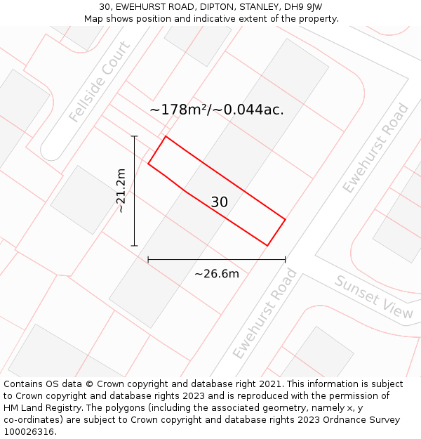 30, EWEHURST ROAD, DIPTON, STANLEY, DH9 9JW: Plot and title map
