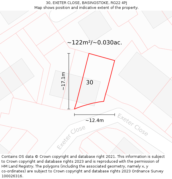 30, EXETER CLOSE, BASINGSTOKE, RG22 4PJ: Plot and title map