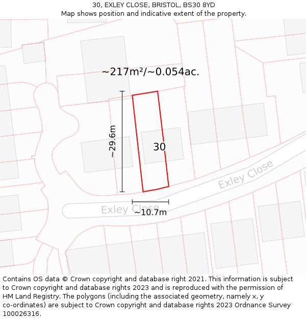 30, EXLEY CLOSE, BRISTOL, BS30 8YD: Plot and title map