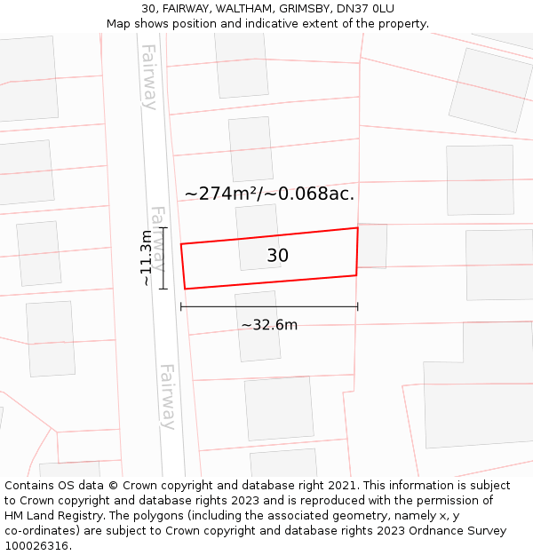 30, FAIRWAY, WALTHAM, GRIMSBY, DN37 0LU: Plot and title map