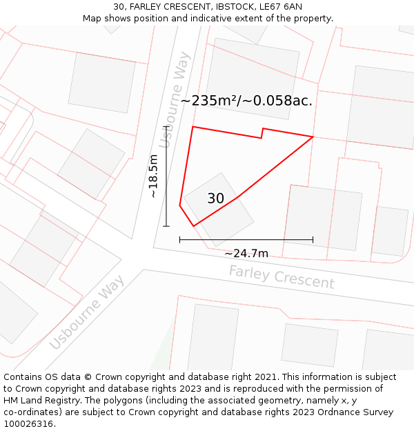 30, FARLEY CRESCENT, IBSTOCK, LE67 6AN: Plot and title map