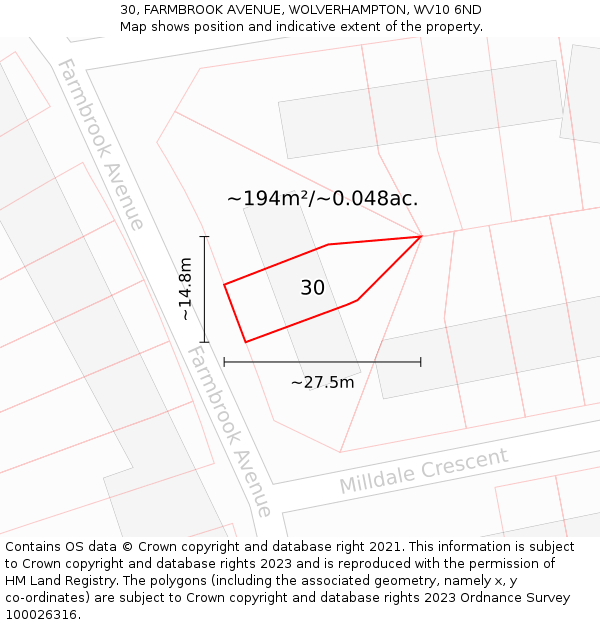30, FARMBROOK AVENUE, WOLVERHAMPTON, WV10 6ND: Plot and title map