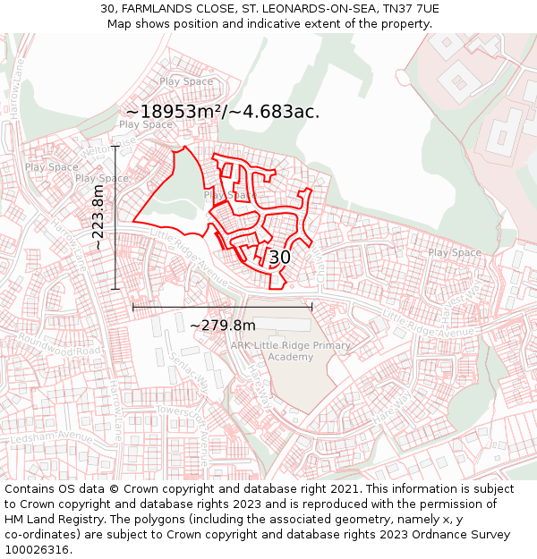 30, FARMLANDS CLOSE, ST. LEONARDS-ON-SEA, TN37 7UE: Plot and title map