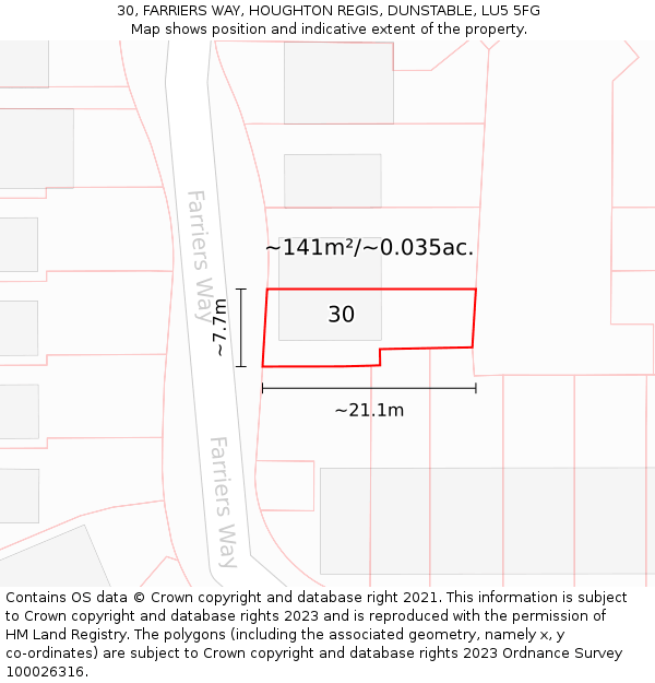 30, FARRIERS WAY, HOUGHTON REGIS, DUNSTABLE, LU5 5FG: Plot and title map